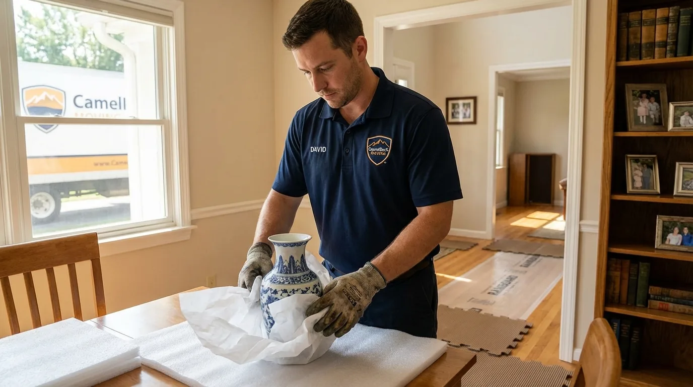 Professional crew carefully wrapping antique vase for senior downsizing move in Hopkinsville, KY
